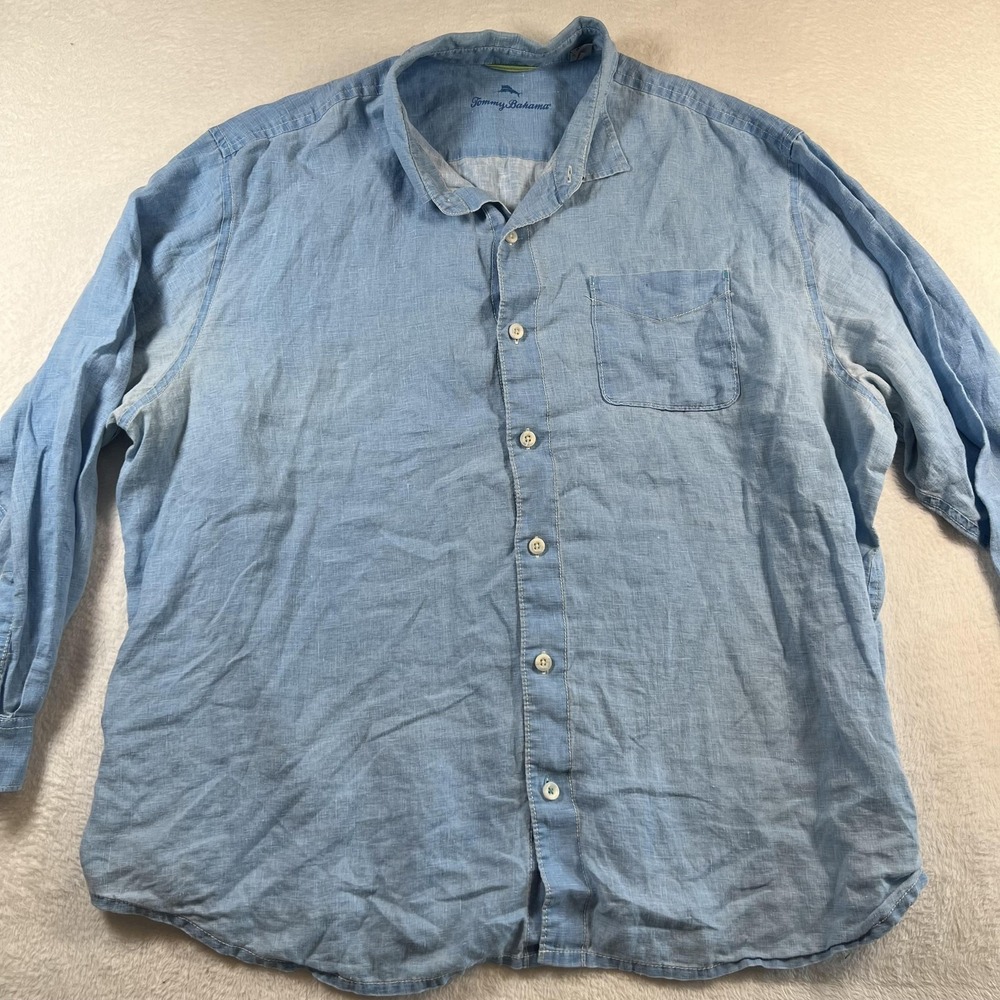 Tommy Bahama Shirt Mens 2XLB Blue Linen Long Sleeve Button Up Pockets Casual